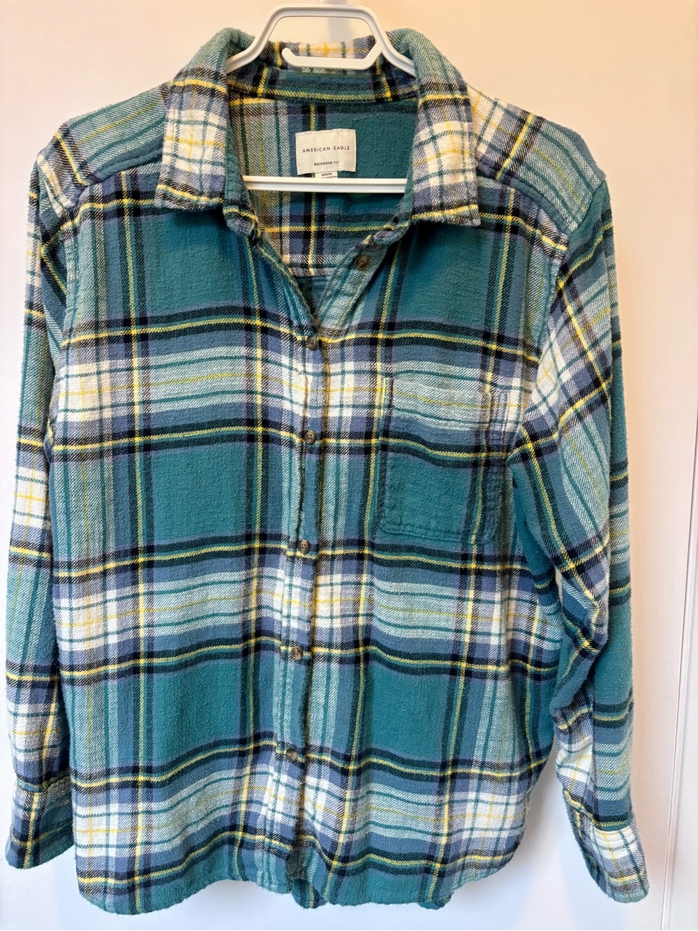 American Eagle Outfitters Teal and Yellow Plaid Button-Down Shirt